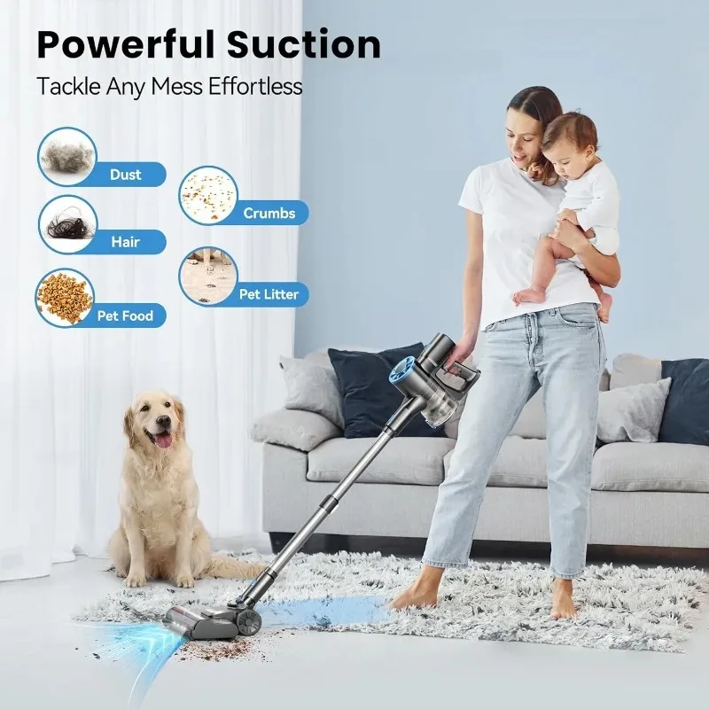 مكنسة كهربائية لاسلكية TASVAC N9 8 في 1 مكنسة كهربائية خفيفة الوزن مع شاشة LED قائمة بذاتها لشعر الحيوانات الأليفة والأرضيات الصلبة