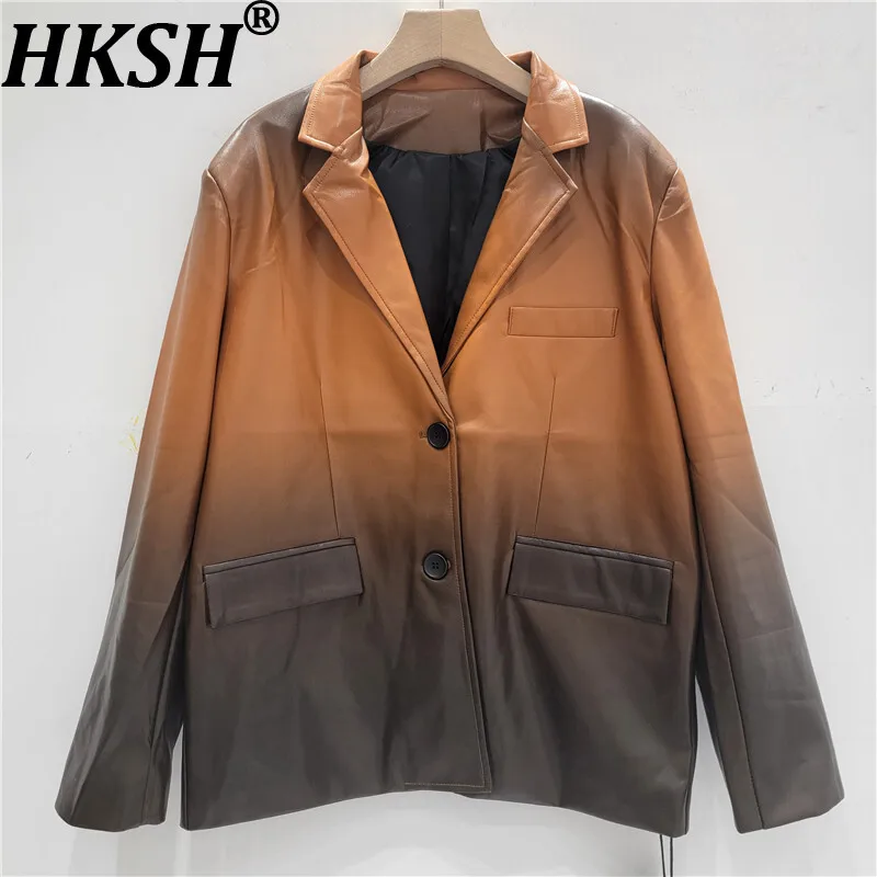 

HKSH Autumn New Women Tide Chic High Street Stylish Gradient Coat Elegant Temperament Pockets Long Sleeved Leather Blazer HK8442