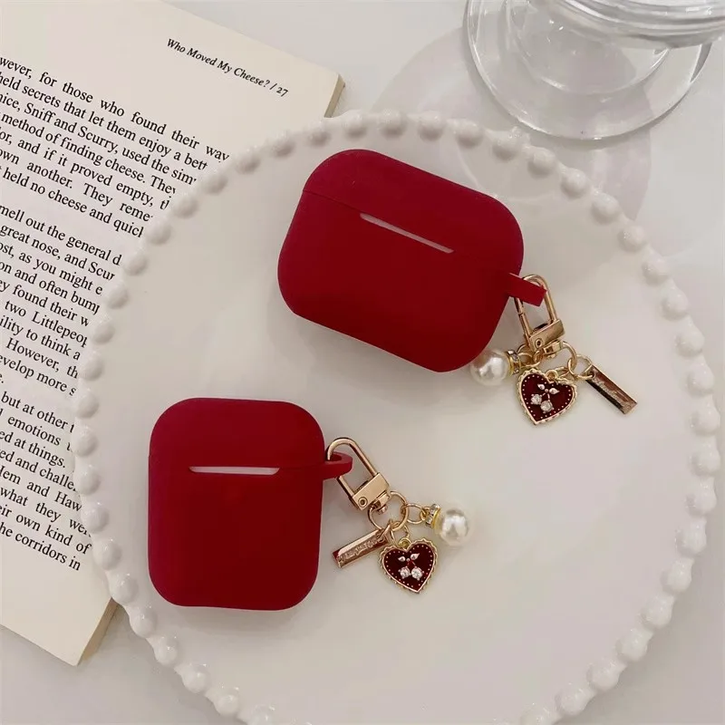 Apple Airpods,イヤホン,素敵なワインレッド,シリコン,ヘッドセットボックス,Airpods Pro 2,1,2,3,4用のビンテージラブハートキーホルダー