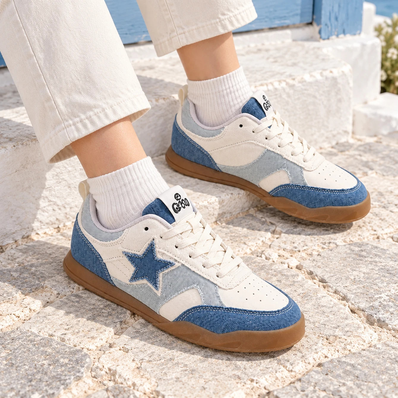 QAND Retro Denim Color-block GAT White sneakers Sneakers With star decorations TPR outsole unisex versatile casual sports shoes