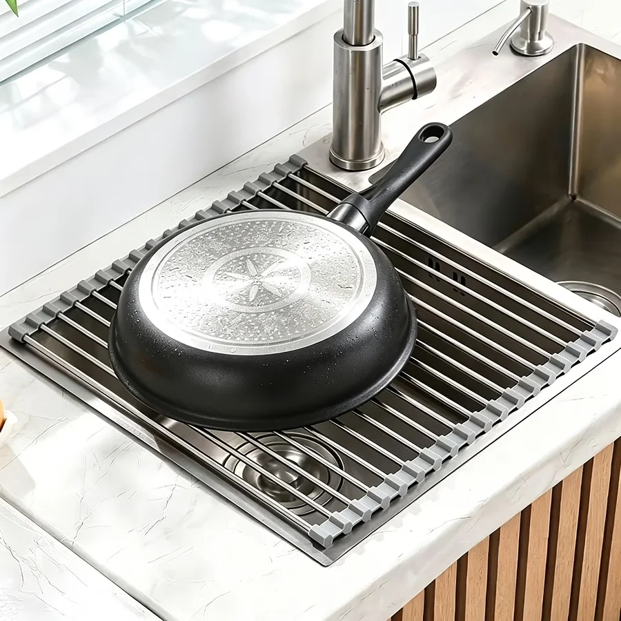 1pc Roll Up Dish Drying Rack Waterproof Food Grade Silicone Sink Drainer for Kitchen Dishes Glassware Tableware