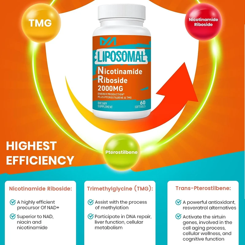 Liposomal nicotinamide nucleoside supplement, NAD+promoting supplement, containing TMG and pterforms, used for cellular energy