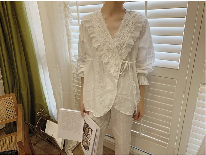 Women\'s Clothing Princess Flower Embroidered Lace Pajama Sets.Vintage White Lace up Pyjamas Suit.Ladies Home Sleepwear Nightwear