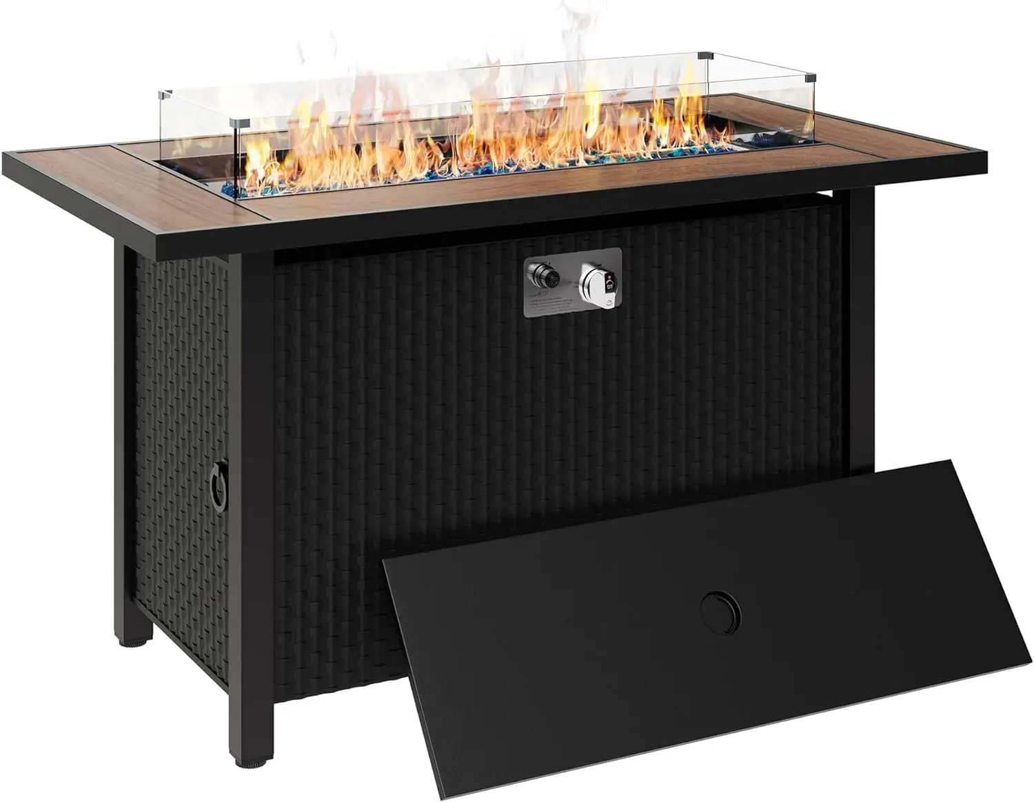 45 inch Outdoor Propane Fire Pit 50,000 BTU Gas Fire Pit Table with Walnut Tabletop, Glass Wind Guard