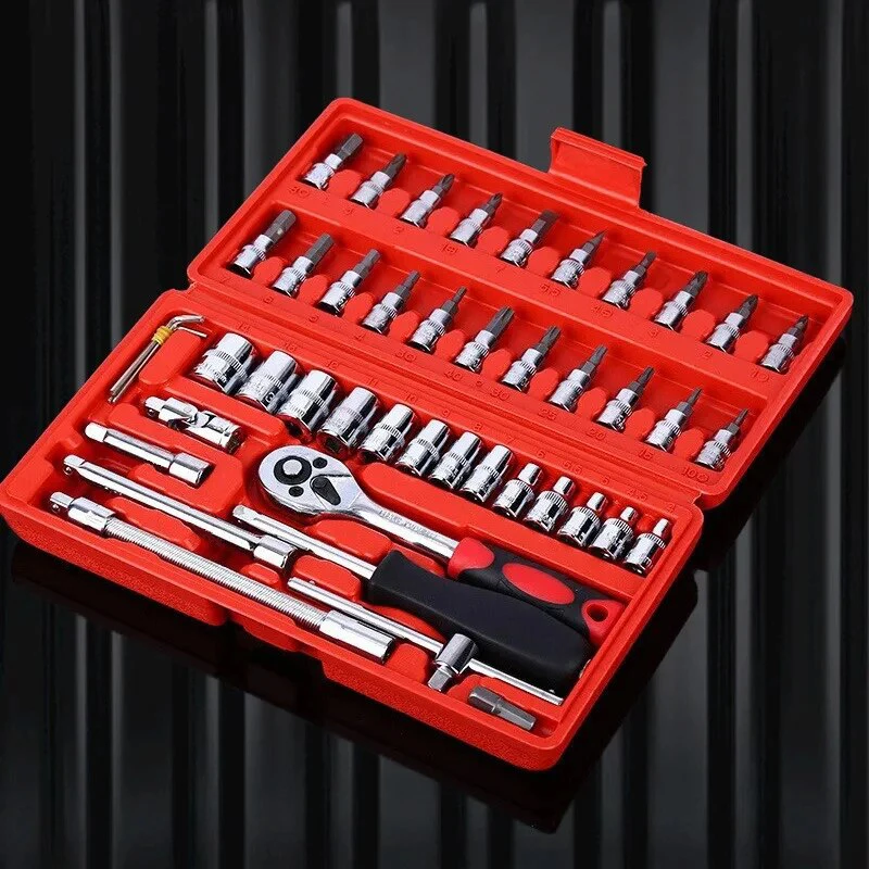 Kit de herramientas de reparación de automóviles, juego de enchufes de 1/4 pulgadas, llave dinamométrica de trinquete, conjunto de herramientas de reparación de automóviles, 46 piezas por juego