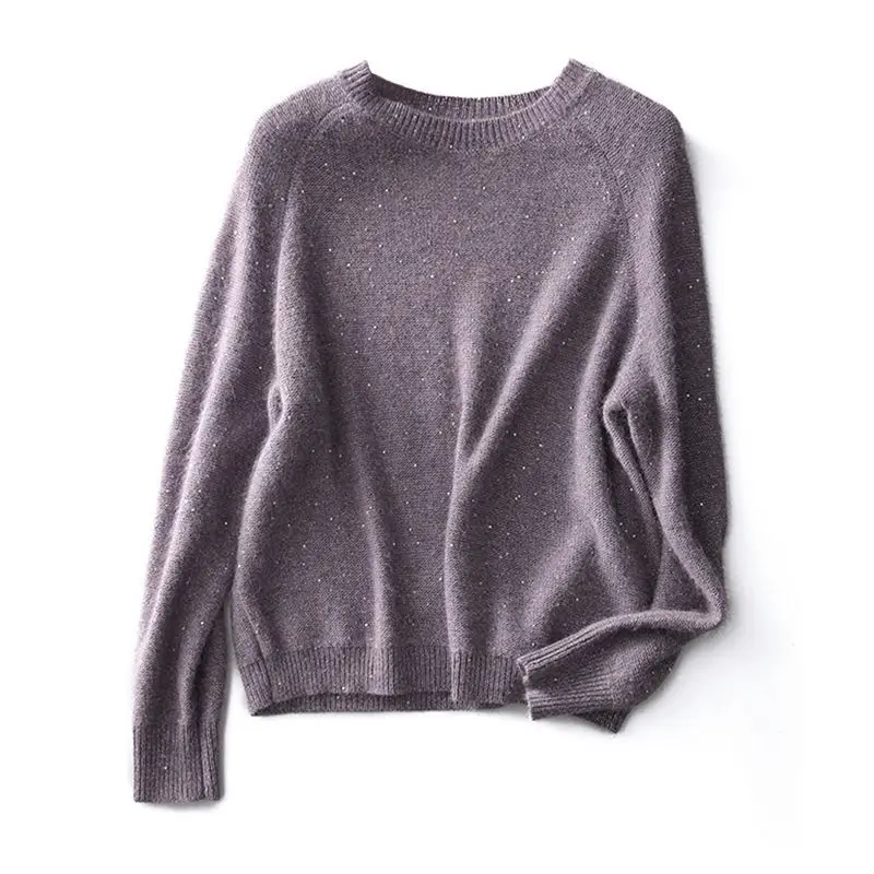 Fashion O-Neck Korean Solid Color Sequined Sweaters Women Clothing 2024 Spring New Loose Knitted Commuter Pullovers Casual Tops