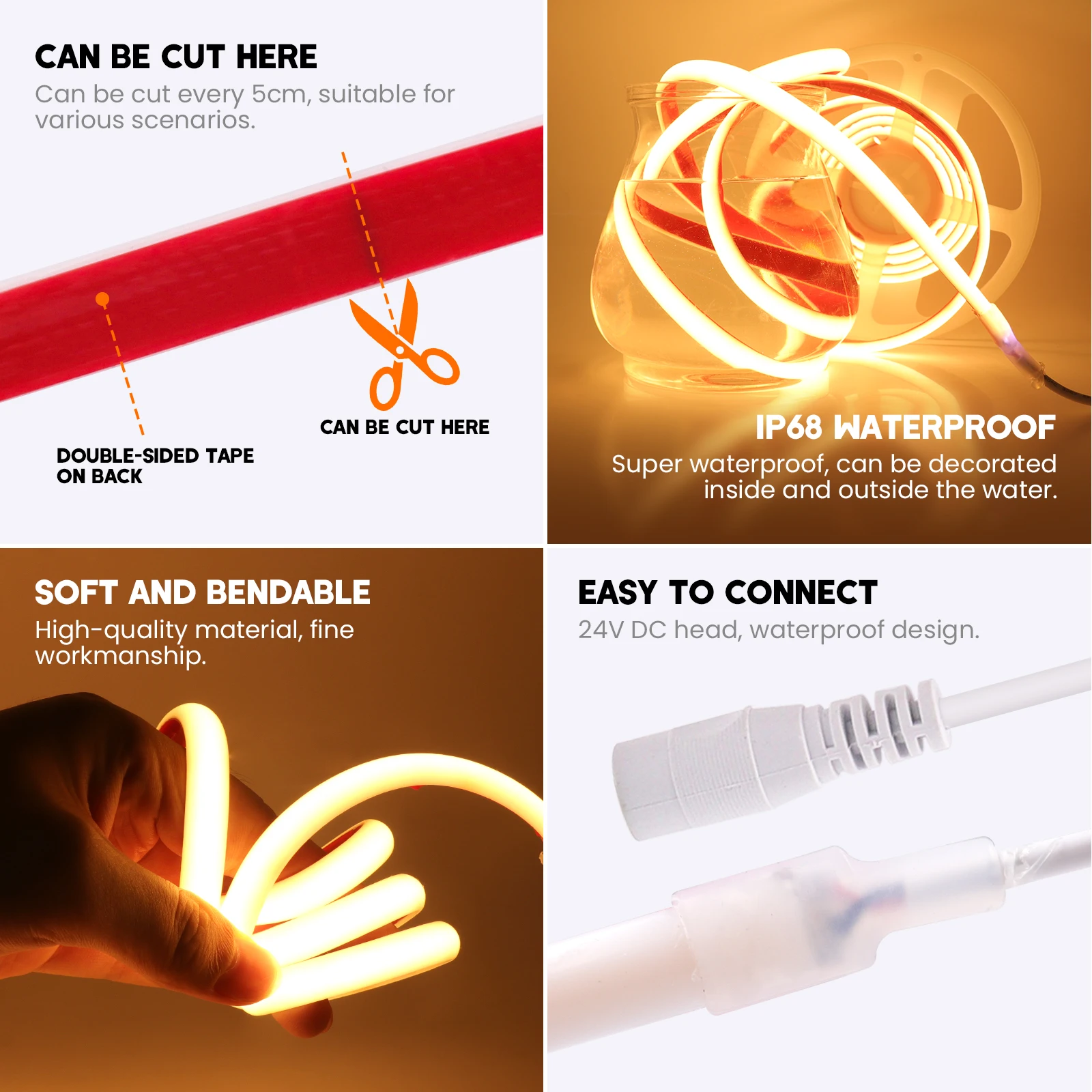 24V COB LED Strip IP68 320LEDs/m WiFi Dimmer Control Neon Rope Light Self-adhesive COB Light Warm White/Natural White/White