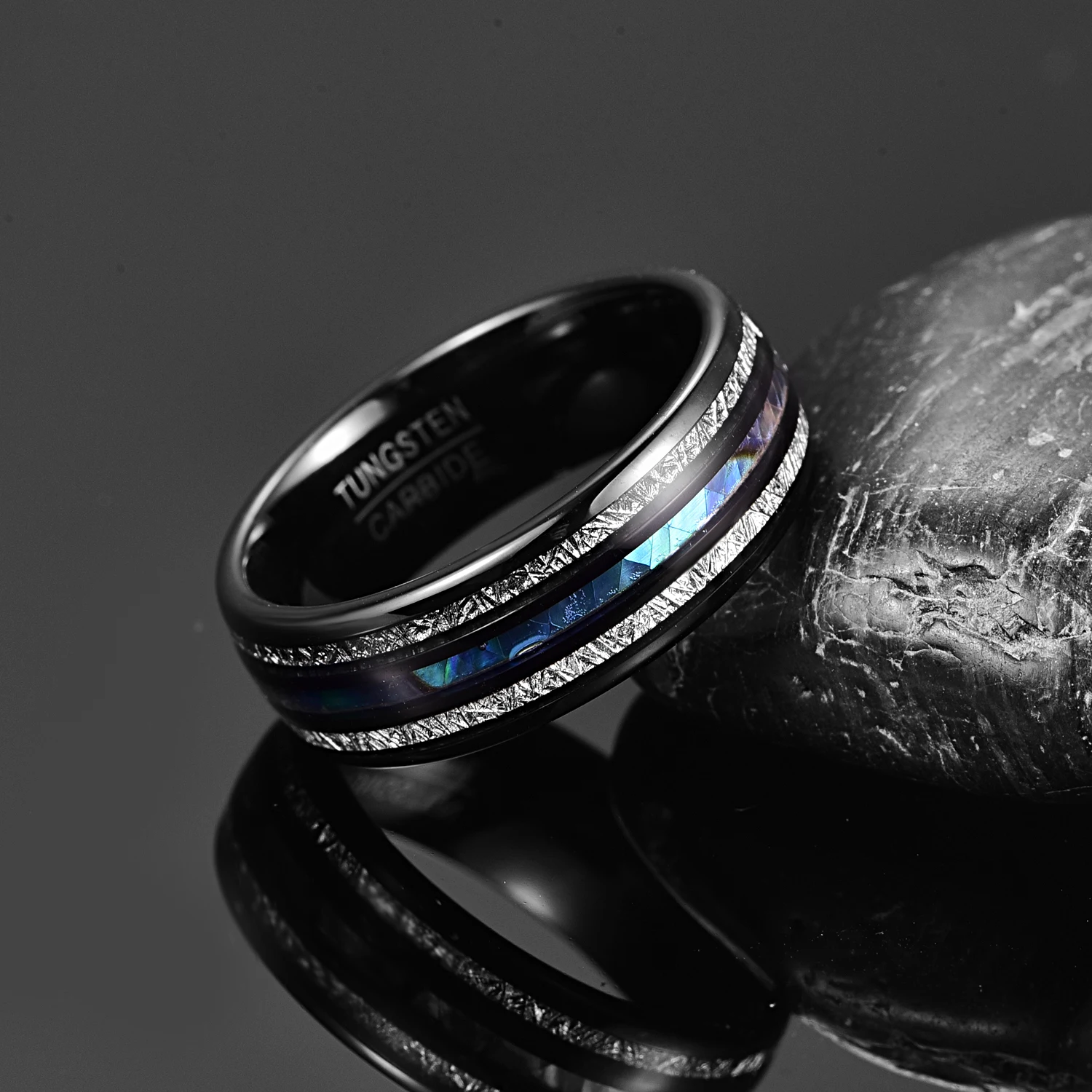 BONLAVIE 8mm Tungsten Carbide Ring Black Inlaid Meteorite Anel Masculino Abalone Shell Dome Opal Ring For Men Jewelry