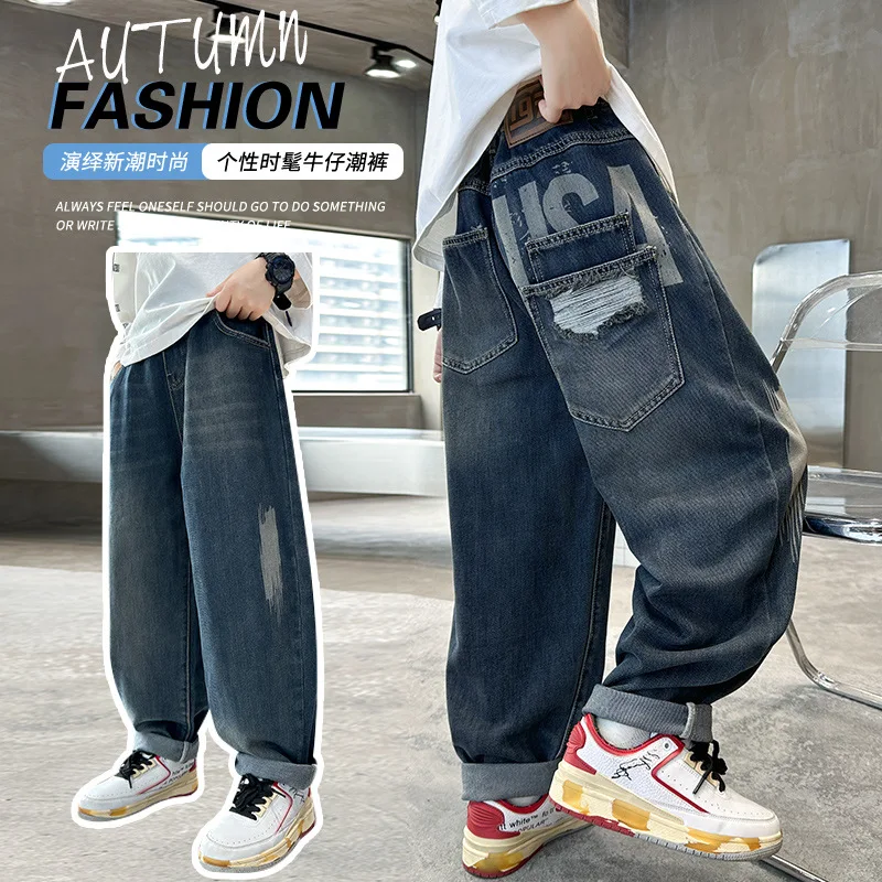 Boys Ripped Jeans Fall New Teenager Boy Handsome Casual Jeans Spring and Autumn Children Foreign Style Wide Leg Daddy Pants