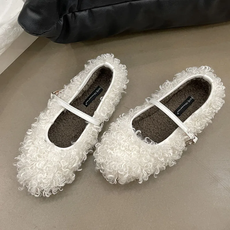 Plush Footwear Lolita Flats Mary Janes Fur Shoes For Women Fashion Buckle Strap Female Shallow Ladies Flats Warm Shoes