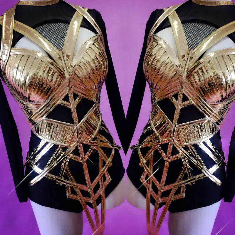 

Black base Rhinestones Bodysuit Women 2 Piece Stretch Outfit singer dance Costume Nightclub show Golden hollow Outfit
