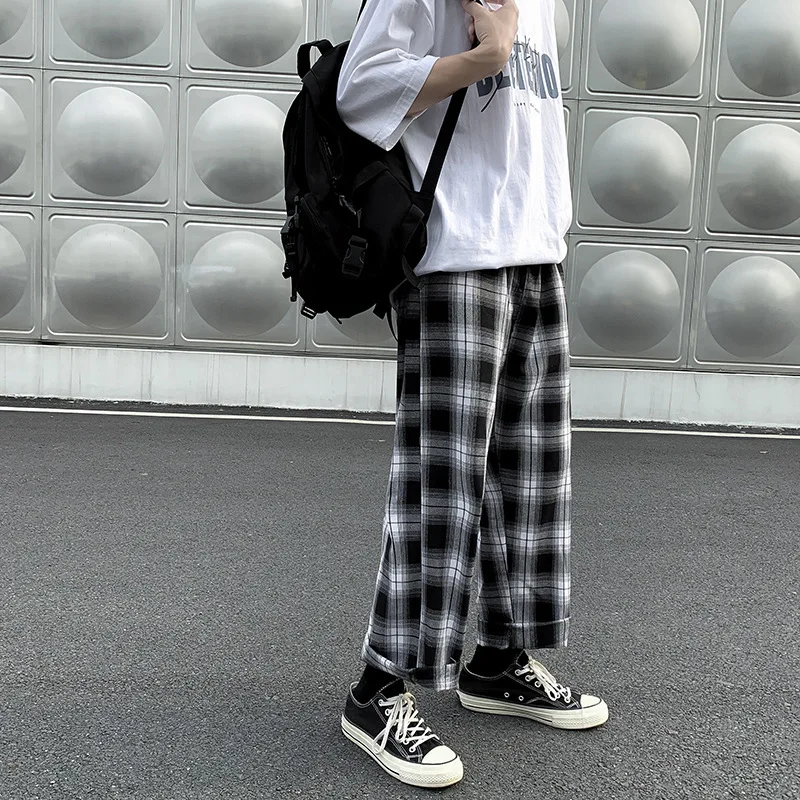 Preppy Style Plaid Wide Leg Pants Spring and Autumn Sweatpants Elastic Waist Men Trousers Fashion Hip Hop Street Men Clothing