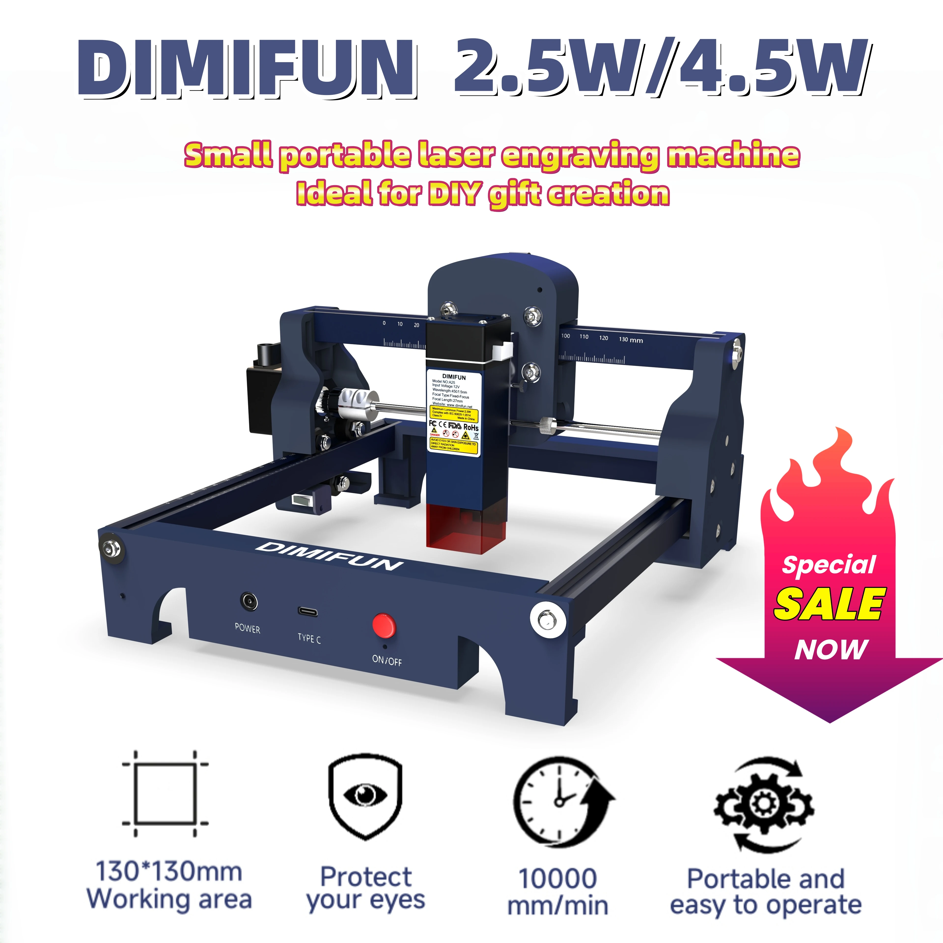DIMIFUN 2.5/4.5W 450nm DIY Mini Portable Laser Engraving Machine with Blue LED, suitable for wood, leather, stainless steel