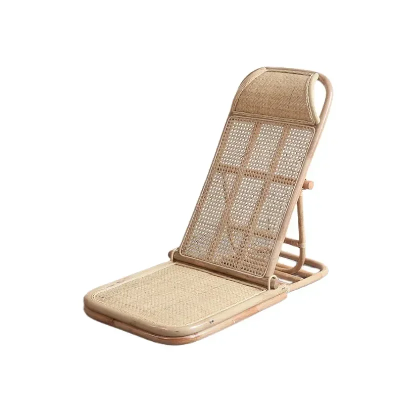 4-Gear Adjustable Folding Rattan & Wood Outdoor Floor Lounge Chair Long Reclining Chaise Patio Beach Deck Lazy Chair