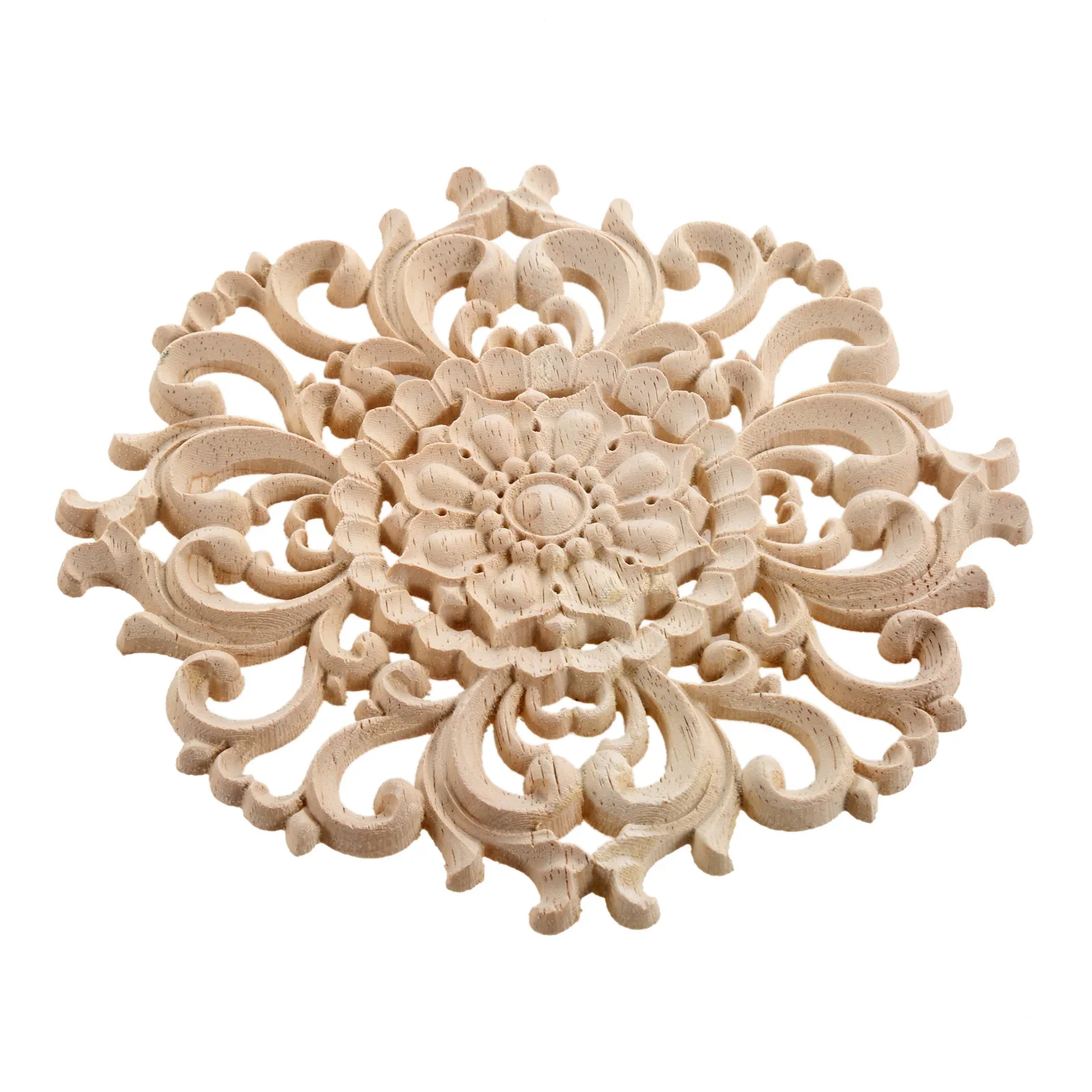 4Pc 10cm Wood Carved Appliques Decorative Onlays Round Wood Carving Craft Decals for Door Wall Ceiling Cabinet Closet Home Decor