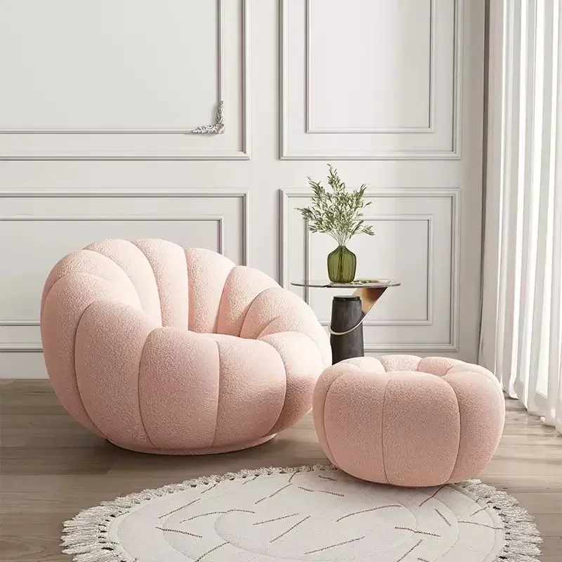 Nordic Living Room Chair Single Seat Sofa Lazy Armchair Pumpkin Shaped Lounge Chair with Stool  Living Room