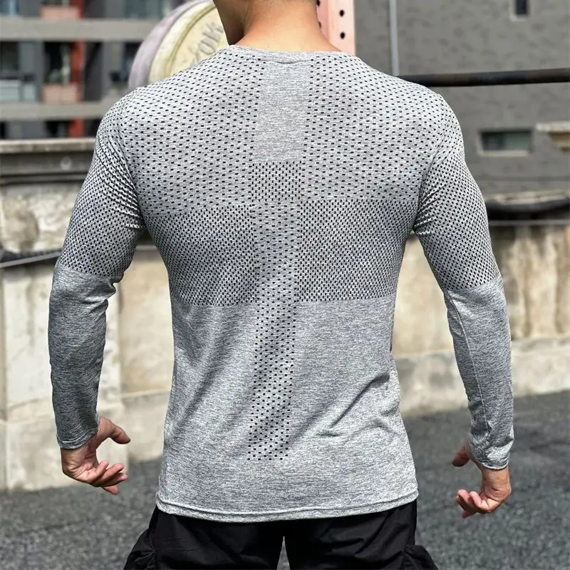 New fashion men's sportswear round neck long sleeve T-shirt shirt thin quick drying breathable fitness men's wear