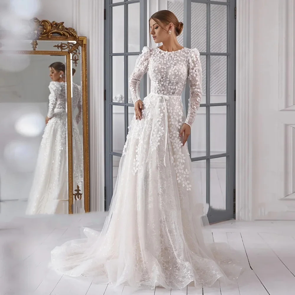 Suknia Ślubna Długa z Długim Rękawem Luksusowa Koronkowa Aplikacja Tren Sweep Linia A Brokatowa Suknia Ślubna dla Kobiety Robe De Mariee