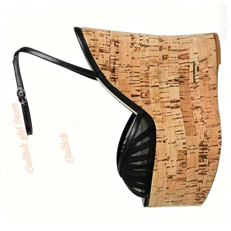 Pink Air Mesh Sandals Wedges Platform Ankle Buckle Strap Peep Toe Runway 2026 Summer Spring Women Dress Shoes Handmade Wood Heel
