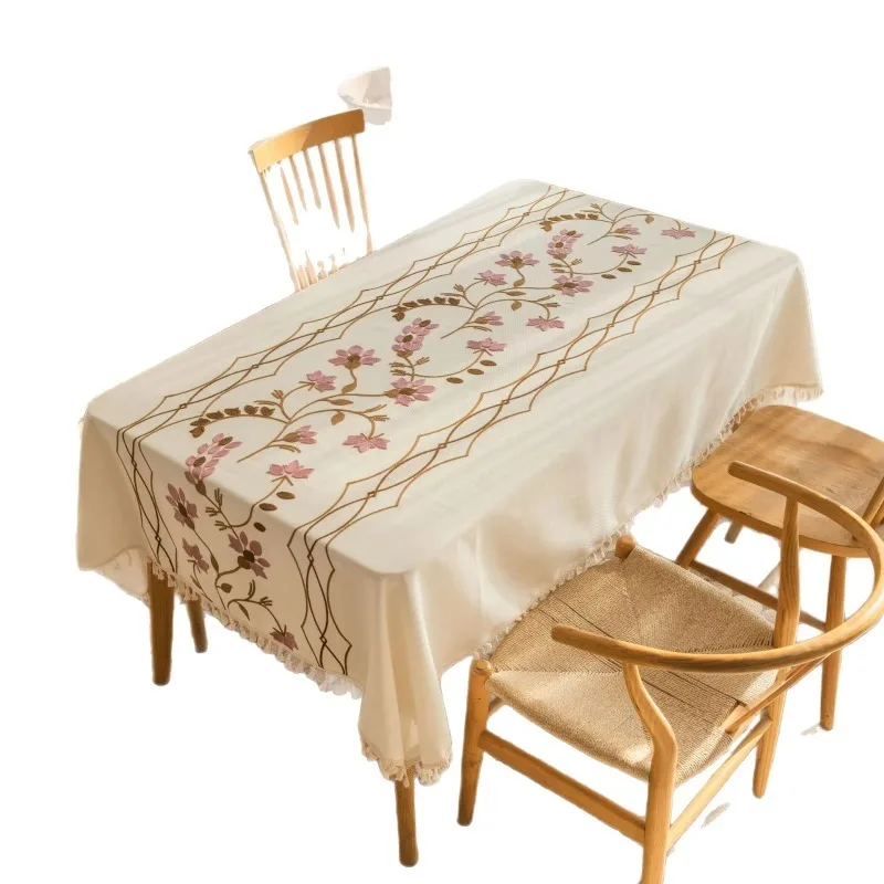 Nordic Embroidered Table Cover, White Fringe Decor with Vine Pattern for Restaurant