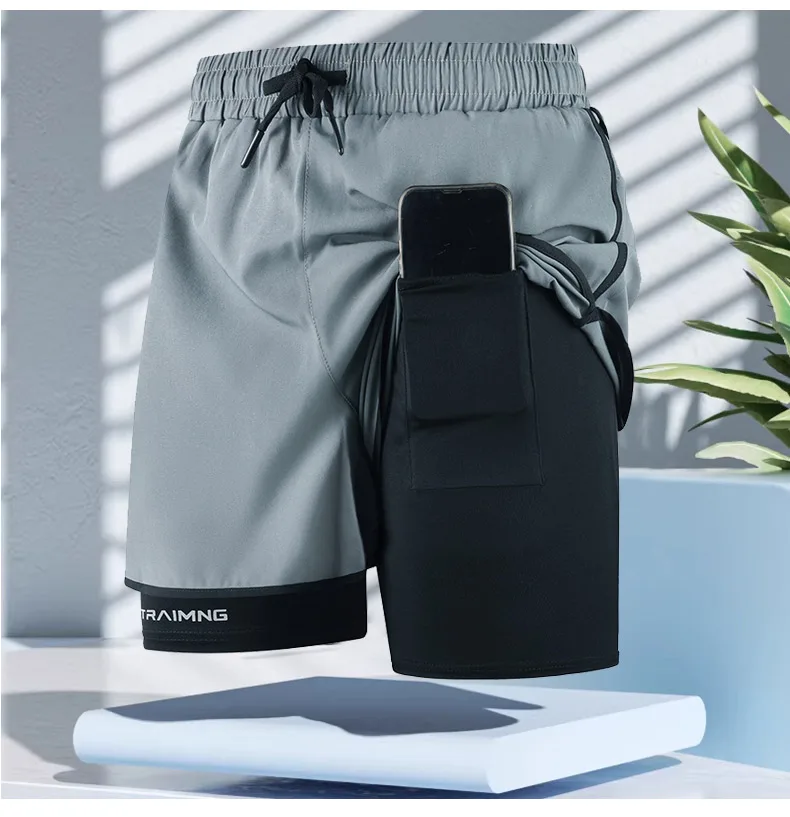 

Летние тонкие брюки для мужчин, имитирующие двухслойные плавательные штаны, свободные двухслойные пляжные брюки, брюки больших размеров, брюки для бега и фитнеса.