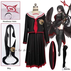 Game Blue Archive Hanekawa Hasumi Cosplay Costume Halloween Outfits Women JK Uniform Black Red Dress School Unifor Wig Halo Prop