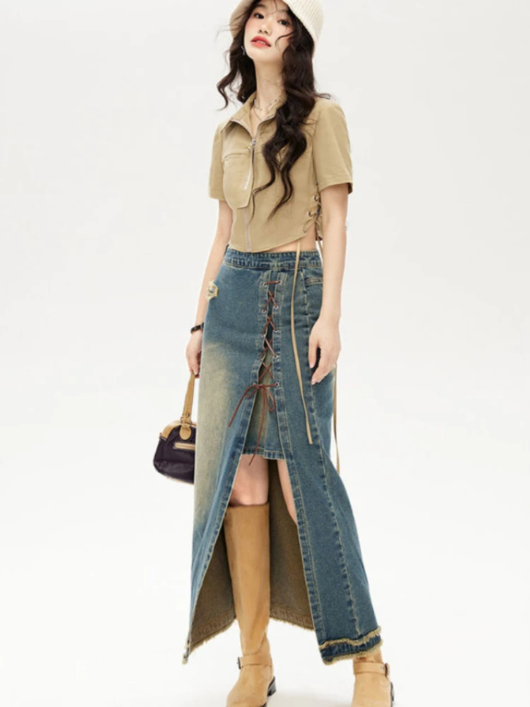 Harajuku Oversized Denim Skirt Women 2023 Summer New Y2k High Waist Long Skirts Bandage Forked Sexy Female Slim Women's Clothing