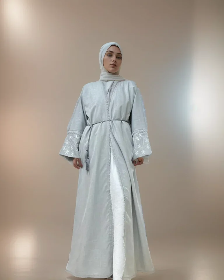 2025New Muslim Women's Light Gray Abaya Embroidered with White Floral Patterns on Sleeves for Islamic Festivities in Middle East