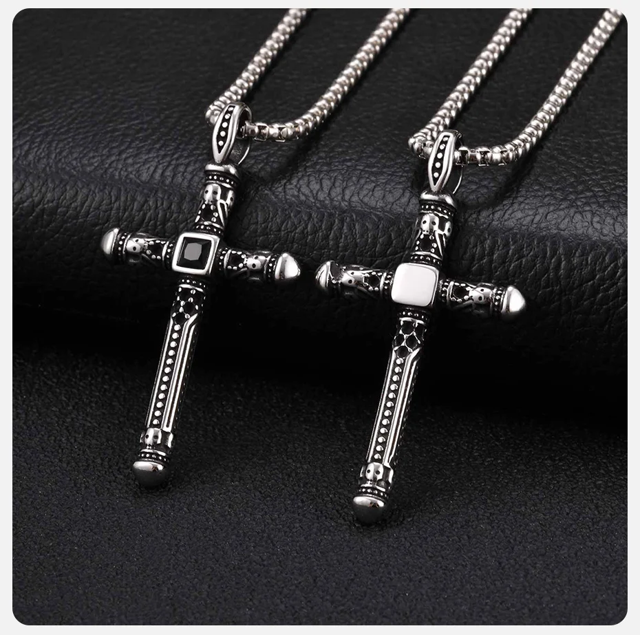 Vnox Vintage Gothic Kreuz-Anhänger-Halskette für Herren, Edelstahl, schwarze Zirkon-Kastenkette, Punk, religiöses Amulett, Schmuck, Geschenk – Detail 5