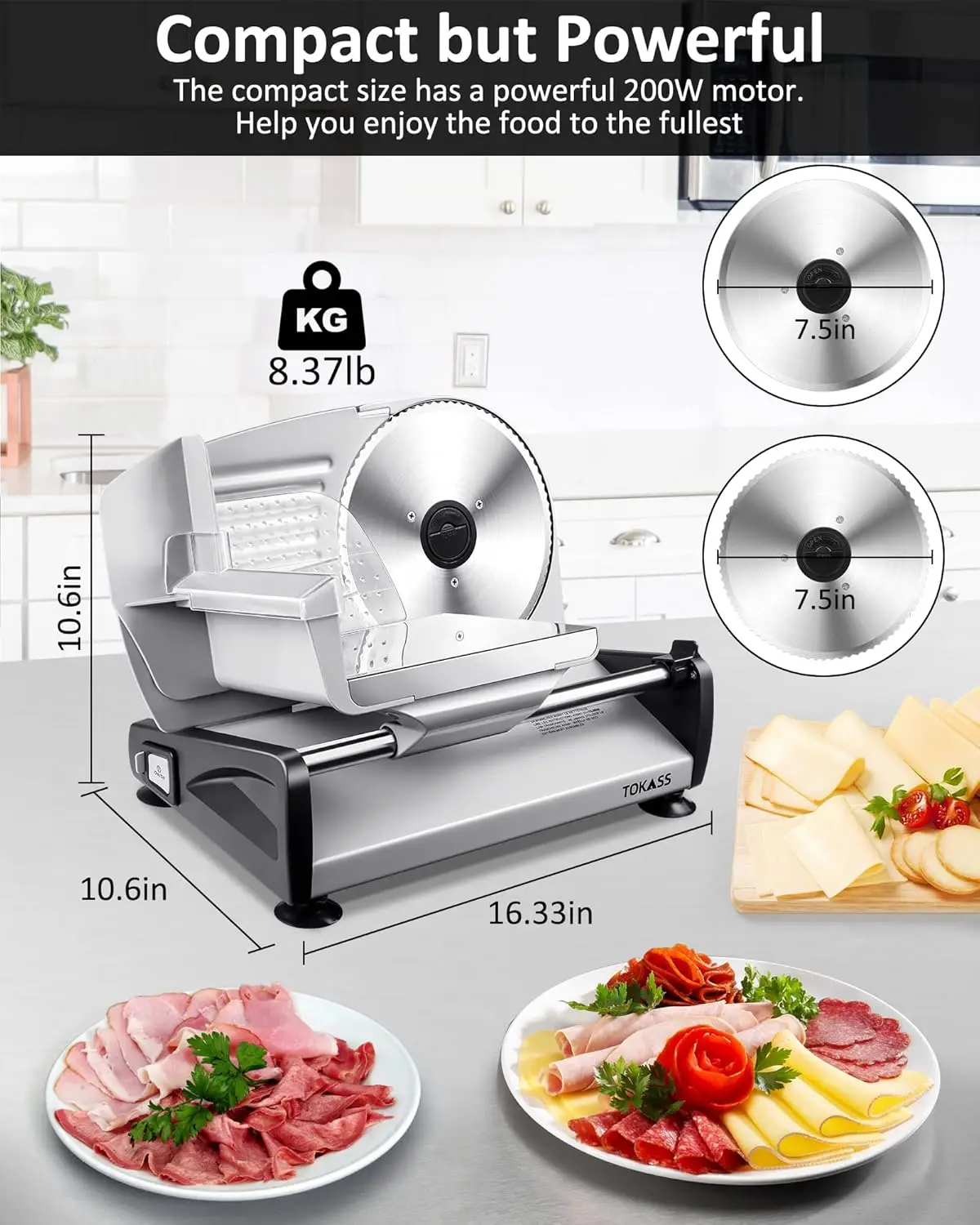 

200W Electric Slicer For Home Use with 2pcs 7.5'' Stainless Steel Blades, Electric Deli food Slicer, Adjustable Thickness