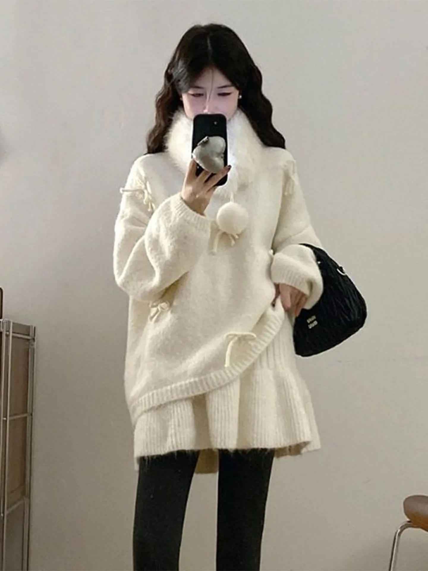 

Korean Lazy Sle Knitted Sweater Dr Women's Winter New Year's Outfit Set Sweet Sle Loose Fit Long Sve round Ne The...