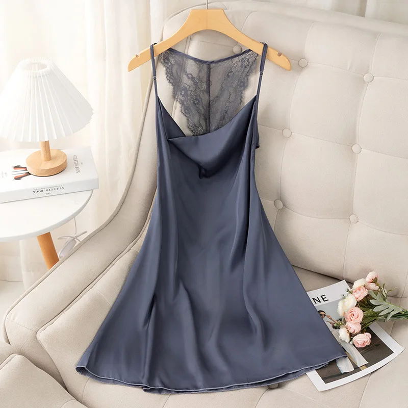 Suspender Nightgown Women Chemise Sleepwear Nightdress Sexy Lace Backless Nightwear Dressing Gown Satin Home Wear Loungewear