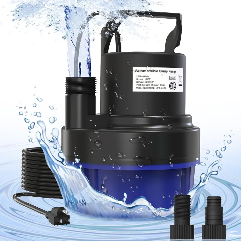 2200GPH 1/2HP Portable Sump Pump for Pool Draining, Pool Cover Pump with 25 FT Power Cord for Basements Pool Fountains Garden