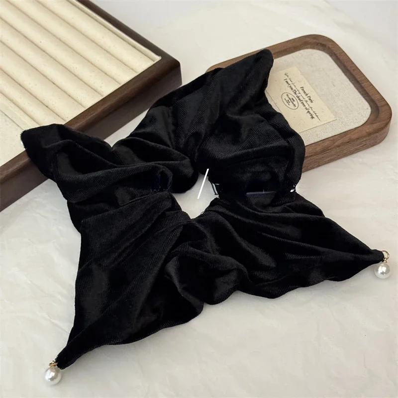 Retro Velvet Imitation Pearl High-end Black Square Scarf Hair Scrunchie Versatile Headband Women\'s Suede Hair Rope