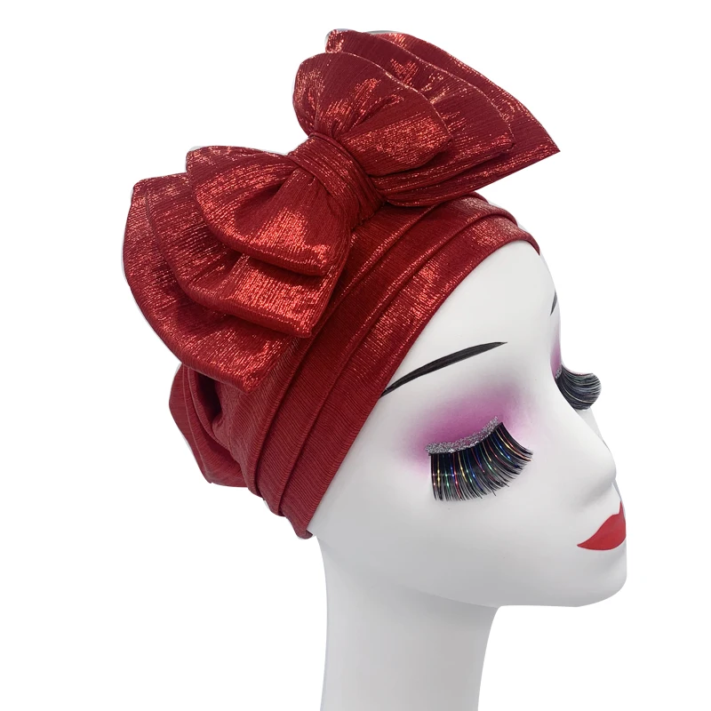 Shinning Multi-schicht Bowknot Turban Kappe für Frau Mode Afrikanische Headtie Nigeria Hochzeit Turbane Hut Muslim Headwrap Motorhaube – Detail 9