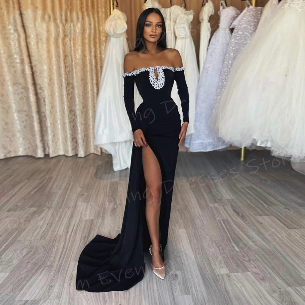 2024 Sexy Classic Black Women's Mermaid Modern Evening Dresses Pearls Beaded Prom Gowns Charming Side High Split Robe De Soiree