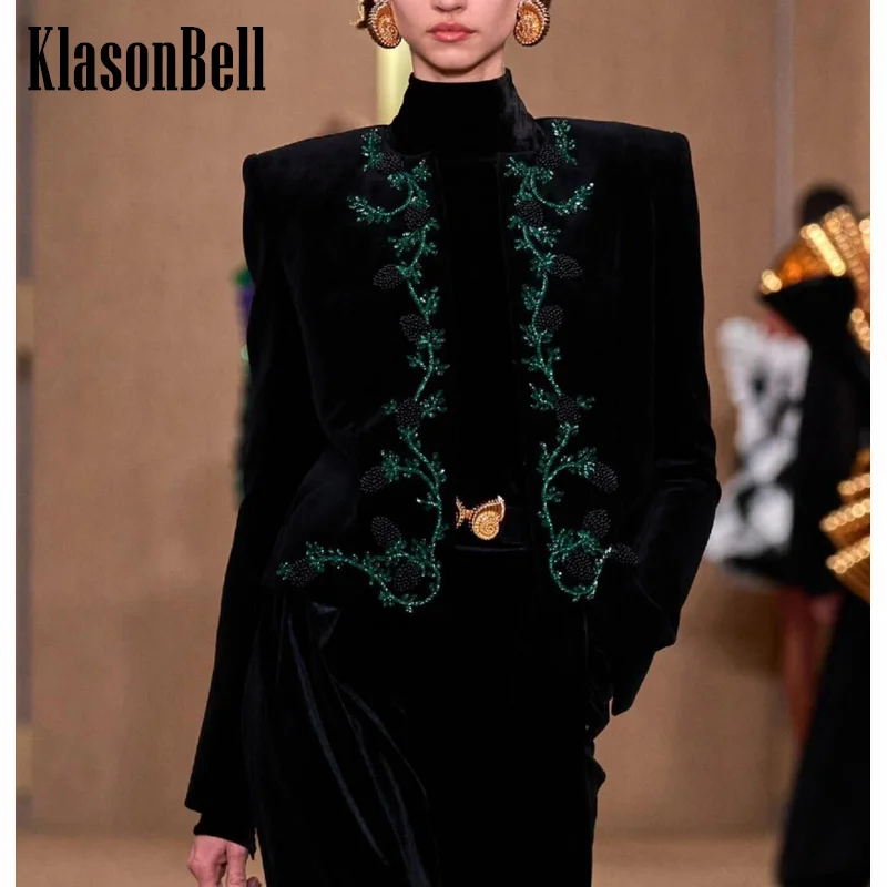 12.5 KlasonBell Elegant Diamonds Beading O-Neck Long Sleeve Jacket Or A-Line Skirt Or Suspender Mini Velvet Dress Set Women