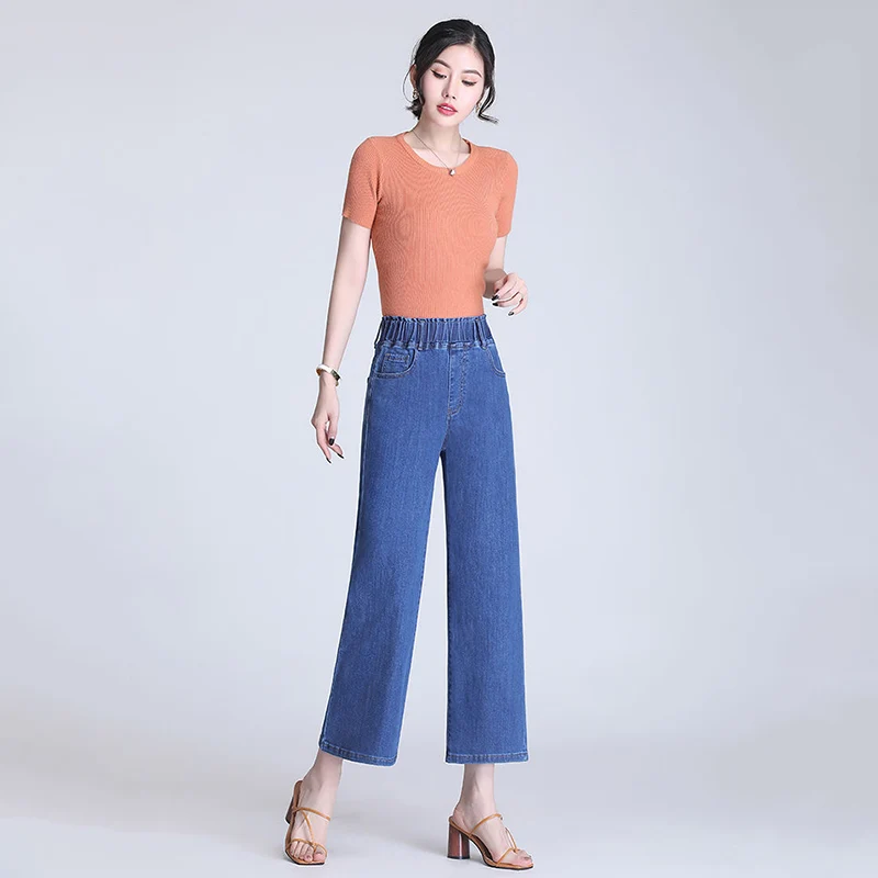 Spring Summer New Thin Denim Baggy Jeans Women Ankle Length Stretch High Waist Wide Legs Casual Nine Points Denim Pants