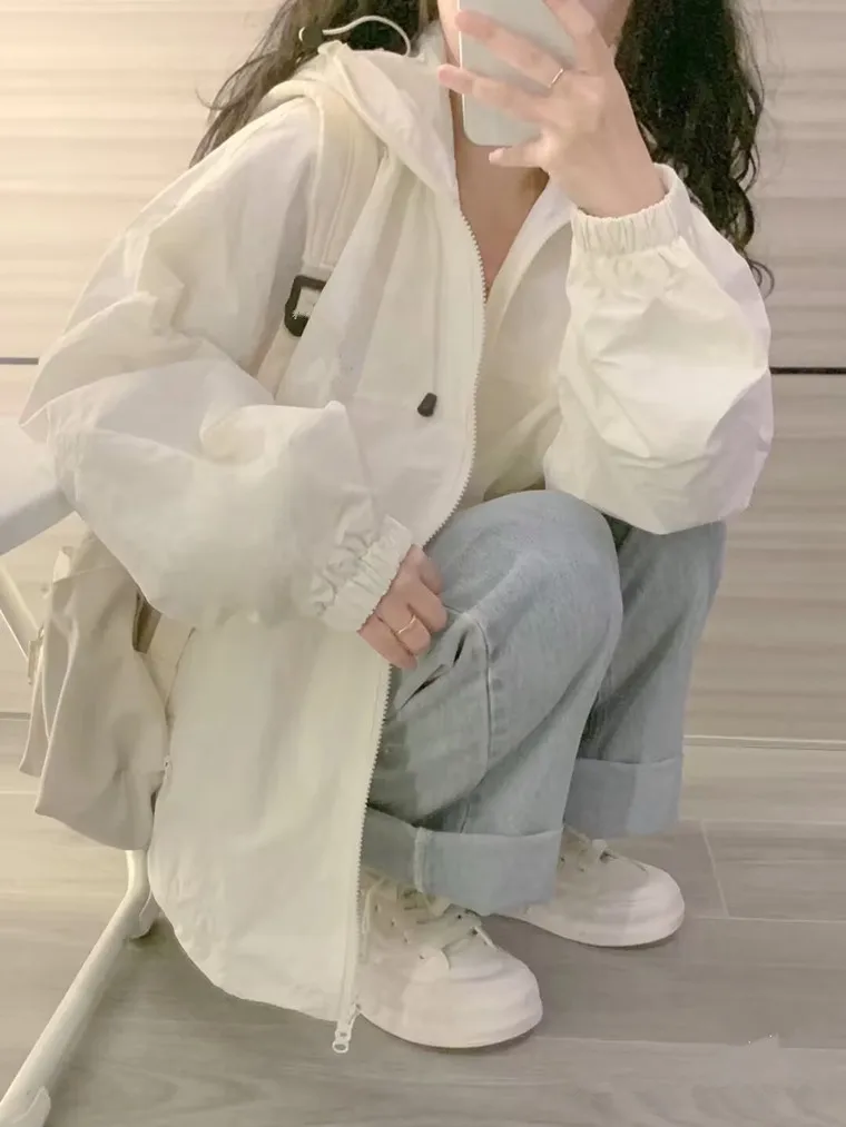 

Lightweight Summer Women's Sun Protection Jaet Hooded Loose Spor Faionable Hong Kong Sle Chic Top Long Sve Zipper