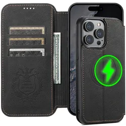 Wireless Charging Magnetic Leather Wallet Phone Cover for iPhone 17 16 15 14 Pro Max 13 12 for Magsafe Kickstand Card Solt Case