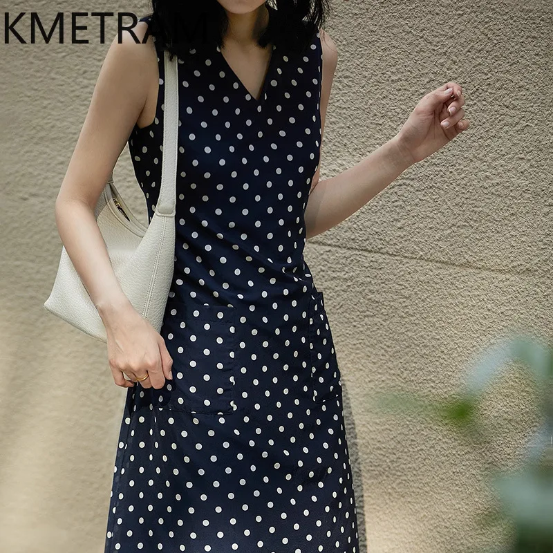 KMETRAM Real Silk Cotton Tank Dress Woman polk Dot Elegant Dresses for Woman Clothes Sleeveless Summer New in Dresses Robe Femme