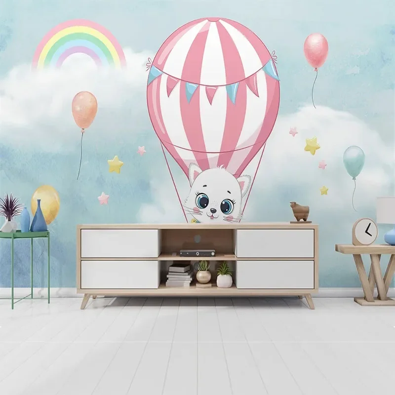 Custom Photo 3D Nordic Simple Watercolor Hot Air Balloon Kitten Rainbow Cloud Children's Bedroom Background Wall Mural Wallpaper