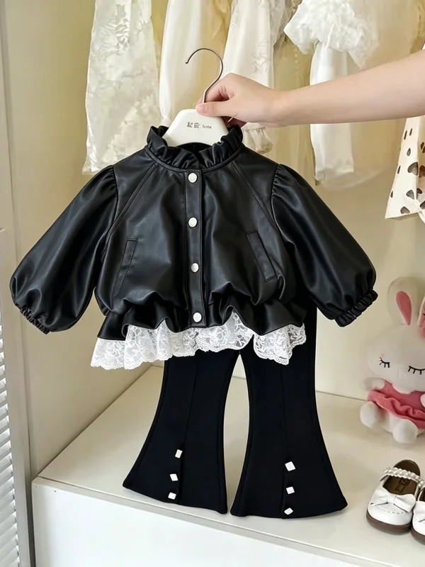 Girls Lace Splice Bubble Sleeve Casual Flared Pants Set Autumn New Style Two Pieces Trendy Leather Jacket And Pants Outfit