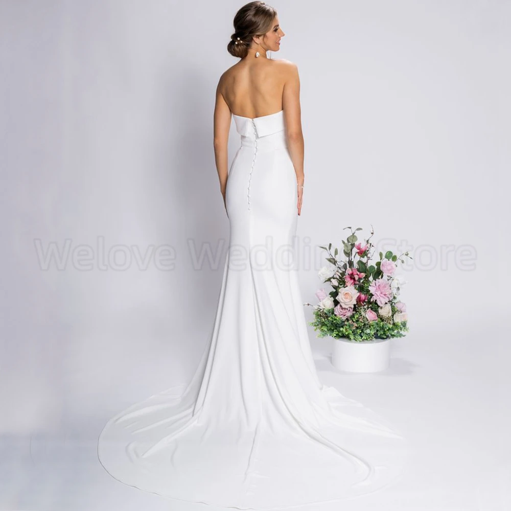 Simple Strapless Boat Neck Wedding Dress Mermaid Floor Length Sexy Open Back with Buttons Bridal Sweep Train Custom Made Gowns