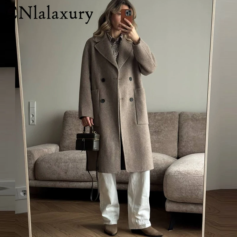 CNlalaxury Winter Women Drouble Breasted Wool Coat Loose Overcoat Clothes Long Ouertwear Tops New