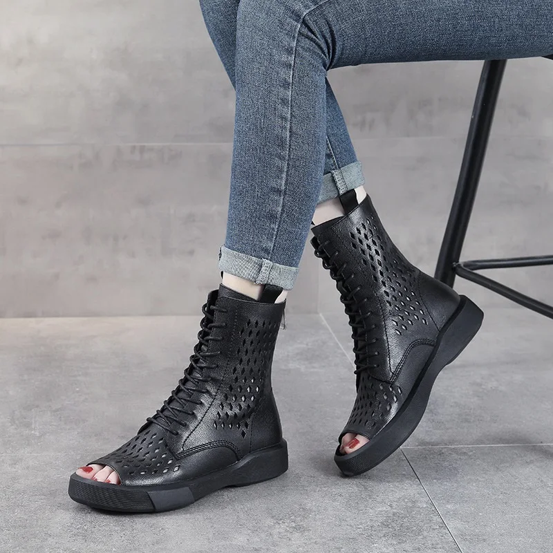 DRKANOL Summer Hollow Open Toe Cool Boots Women Genuine Leather Soft Soled Comfort Back Zipper Breathable Mid-Calf Flat Boots