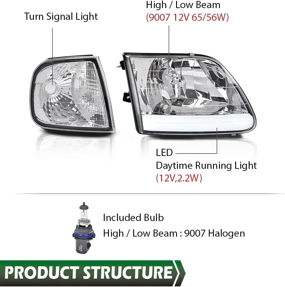 مجموعة مصابيح أمامية وإضاءة ركن السيارة الأمامية طراز LED متوافقة مع 1997-2002 Ford Expedition/1998-2004 Ford F150/1997-1999 F25