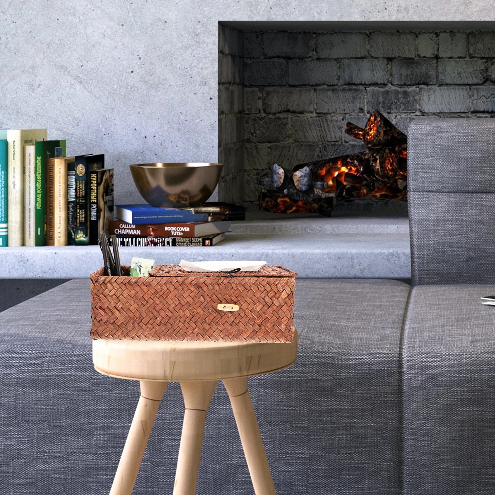 

Natural Seaweed Woven Tissue Box Holder Metal Frame Rectangular Tissue Dispenser Decorative Household Napkin Box Vintage Style