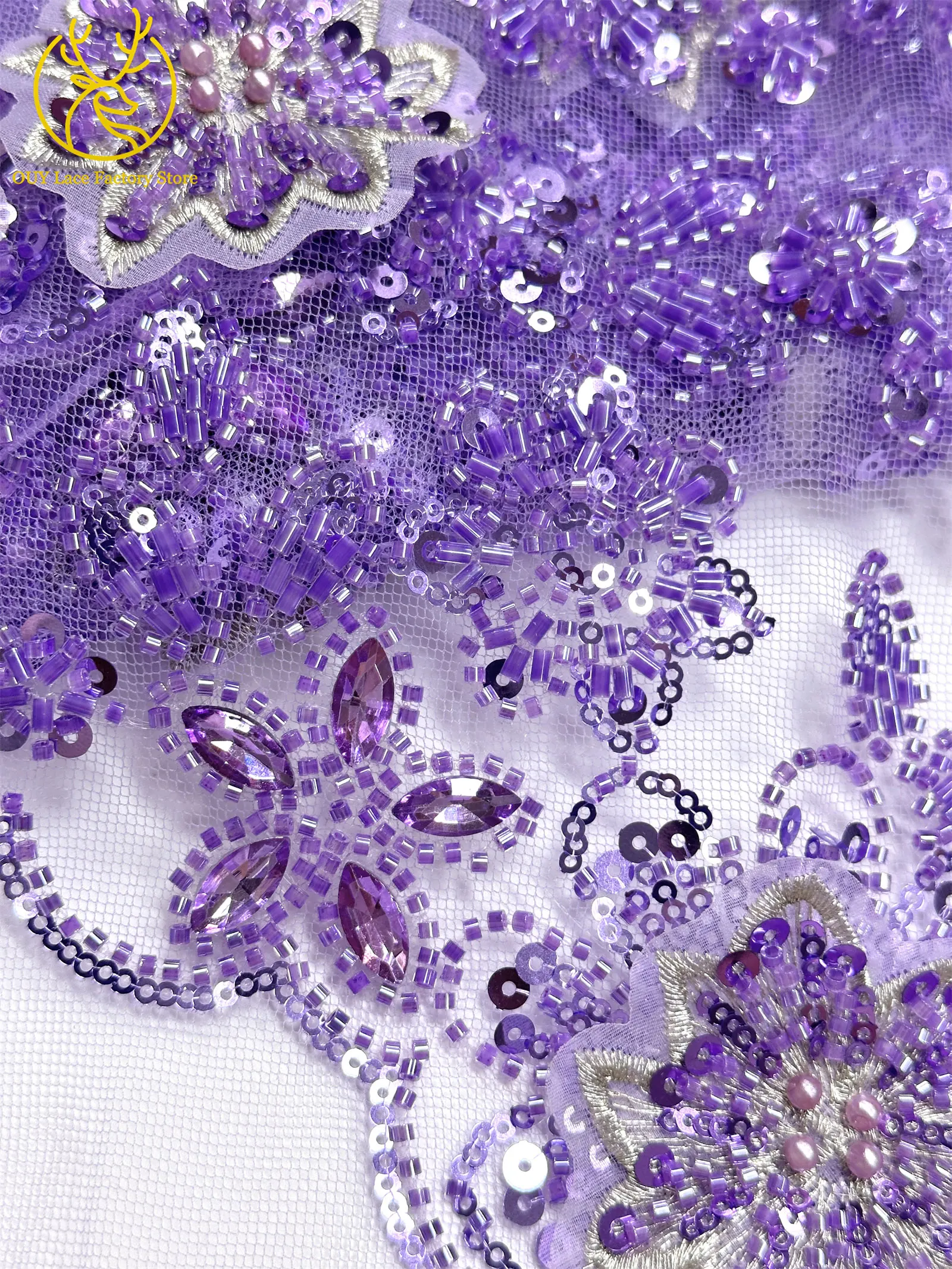 Luxuriöser königsblauer Hochzeits-Spitzenstoff, afrikanischer Perlen-Pailletten-Spitzenstoff, nigerianischer bestickter Mesh-Spitzenstoff für Hochzeitskleider – Detail 24