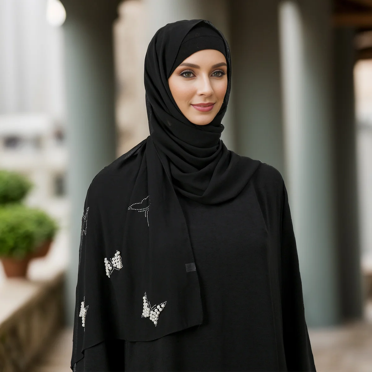 New Ramadan Chiffon Hijab Scarf With Pearls Beads Muslim Hijab With Chain Solid Long Shawls Headscarf Wraps Islamic Headband